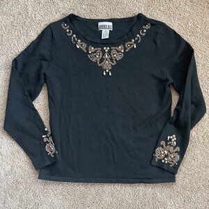 Vintage Elaborate Beaded Pearl V Neck Silk Blend Sweater Long Sleeve Womens Sz 8